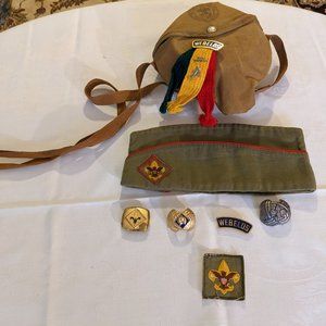 Vtg Boy Scout BSA  Mess Kit, Hat, Scarf Rings, Patches. Great Condition